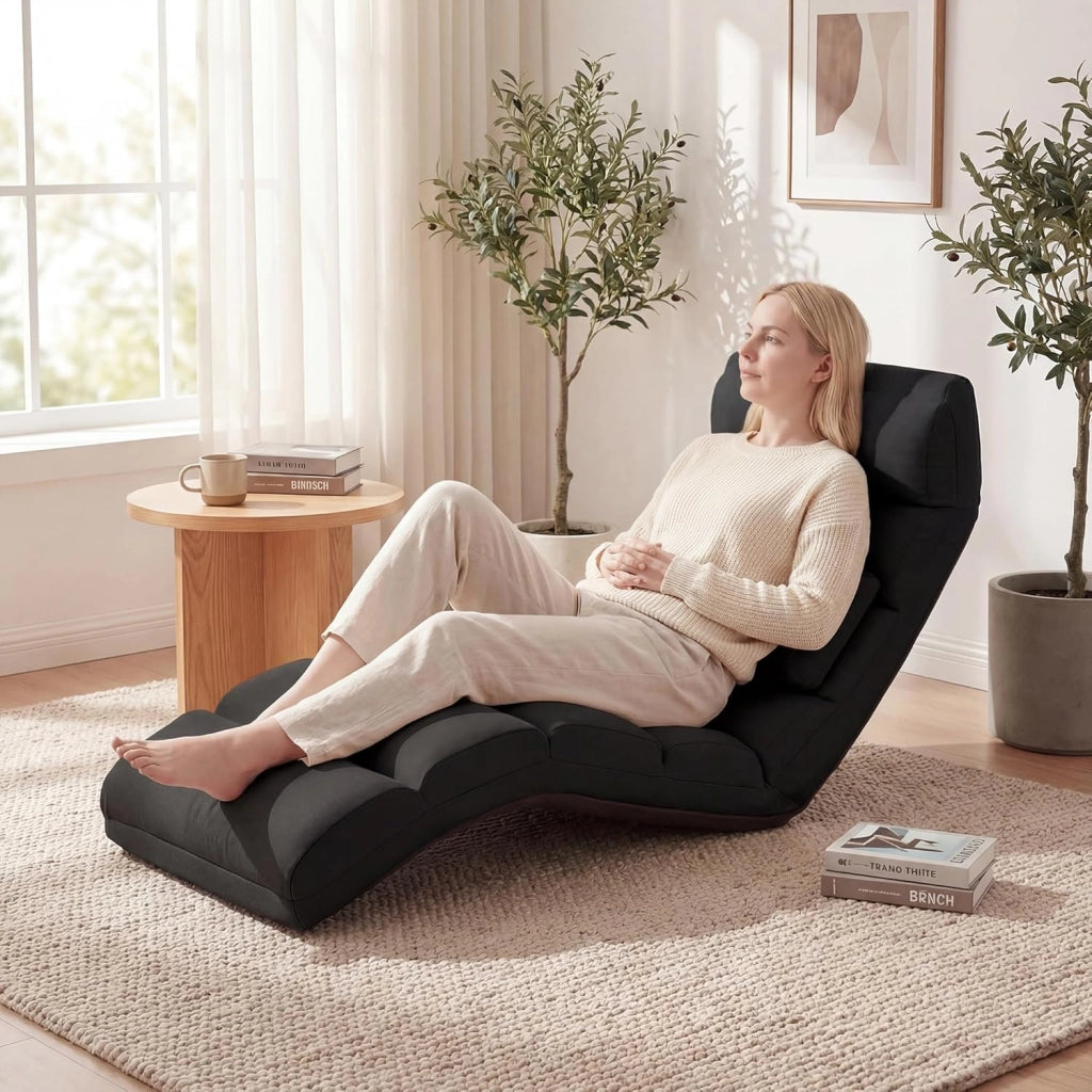 Poltrona Relax, Sedia Pieghevole da Pavimento, Divano Letto da Terra con Cuscino e Schienale Regolabile in 5 Posizioni, Sedia Imbottita Relax per Soggiorno, Camera da Letto (Nero)