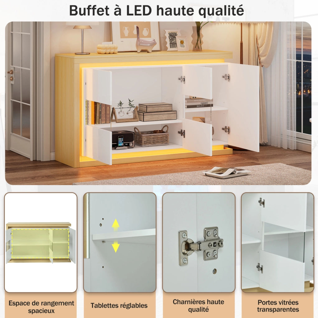 Madia bianca 140 x 40 x 84 cm con 3 ante; LED; vetro temperato e divisori regolabili