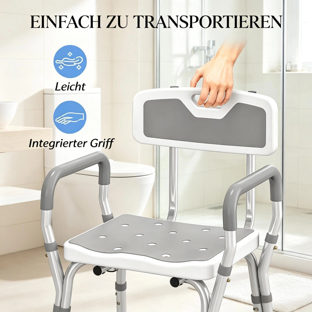 Sedia da doccia con schienale, altezza regolabile e piedini antiscivolo in alluminio e HDPE grigio