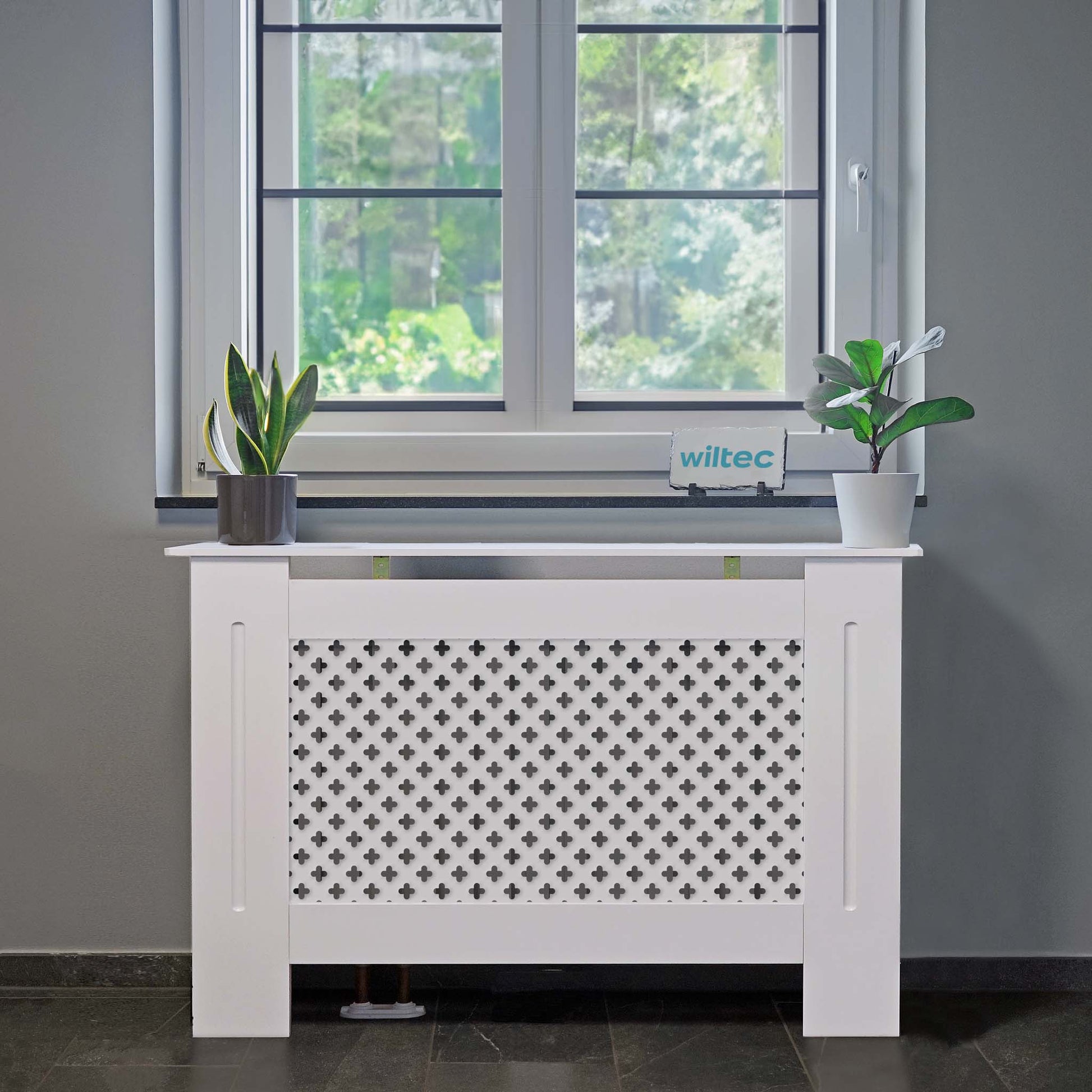 Toboli Copritermosifoni in legno bianco 112 x 19 x 82 cm, copri termosifone in MDF, pannello in legno per radiatori, elegante mobile copritermosifone