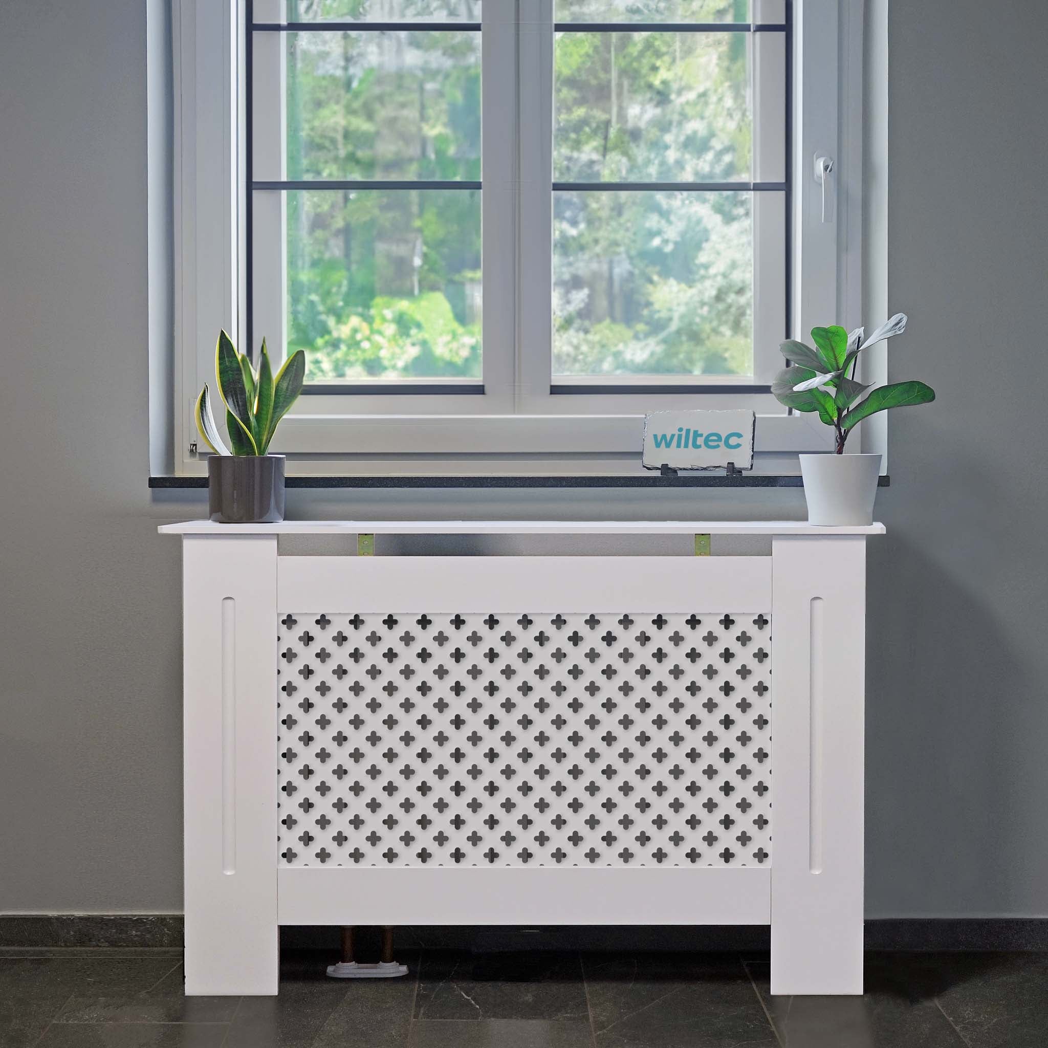 Toboli Copritermosifoni in legno bianco 112 x 19 x 82 cm, copri termosifone in MDF, pannello in legno per radiatori, elegante mobile copritermosifone