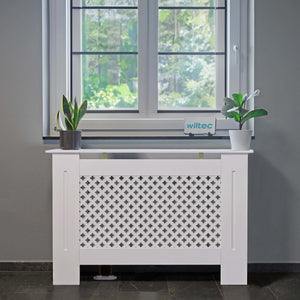 Toboli Copritermosifoni in legno bianco 112 x 19 x 82 cm, copri termosifone in MDF, pannello in legno per radiatori, elegante mobile copritermosifone