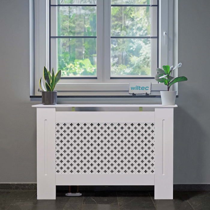 Toboli Copritermosifoni in legno bianco 112 x 19 x 82 cm, copri termosifone in MDF, pannello in legno per radiatori, elegante mobile copritermosifone