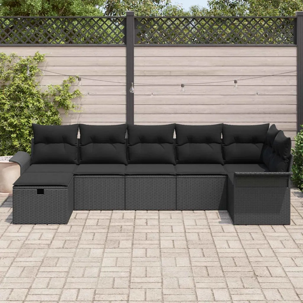 Set Divano da Giardino con cuscino 7 pcs Nero Poly Rattan