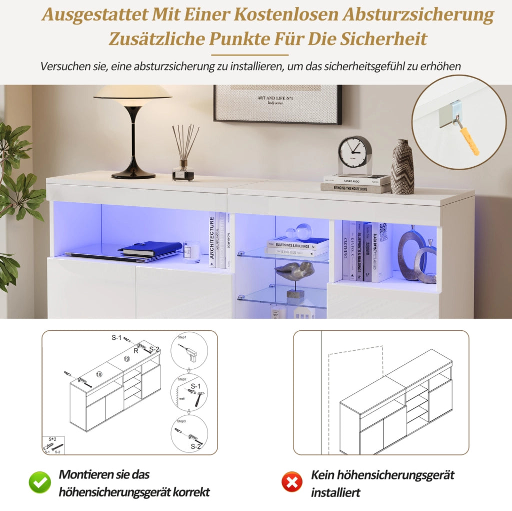 Sideboard soggiorno bianco LED con app, 3 ante, 155,5 cm