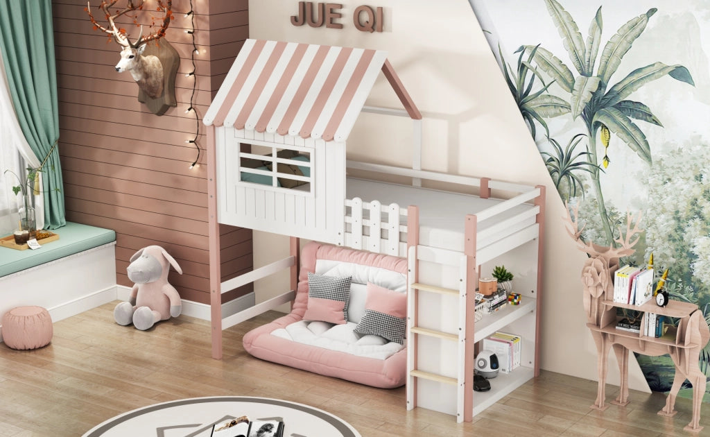 Letto per bambini 90x200 cm a casetta con scala e ripiano in legno massello rosa
