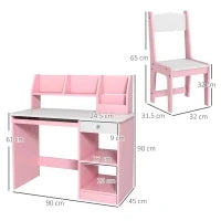 Scrivania per bambini con sedia ergonomica con piano scorrevole, cassetto, nicchie e mensole aperte 90 x 45 x 90 cm rosa