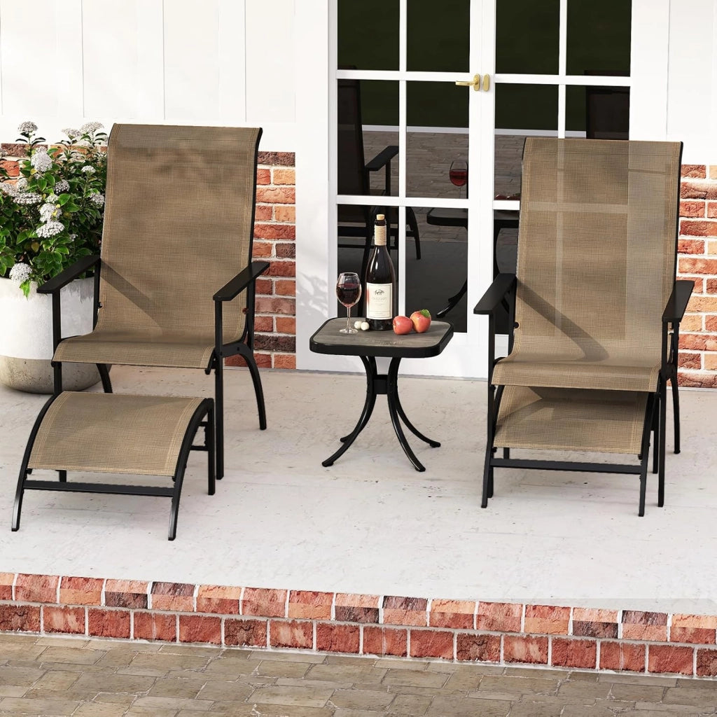 Set di Mobile da Giardino in 5 Pezzi, Set Tavolo e Sedie da Balcone in Tessuto Textilene, Set da Bistrò con Tavolo, 2 Sedie Adirondack e 2 Poggiapiedi per Terrazza, Bordo di Piscina, Marrone
