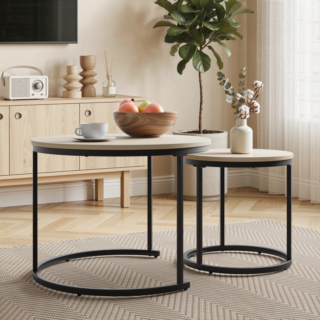 Tavolini bassi impilabili rotondi con struttura in metallo, piano effetto legno, stile moderno per soggiorno