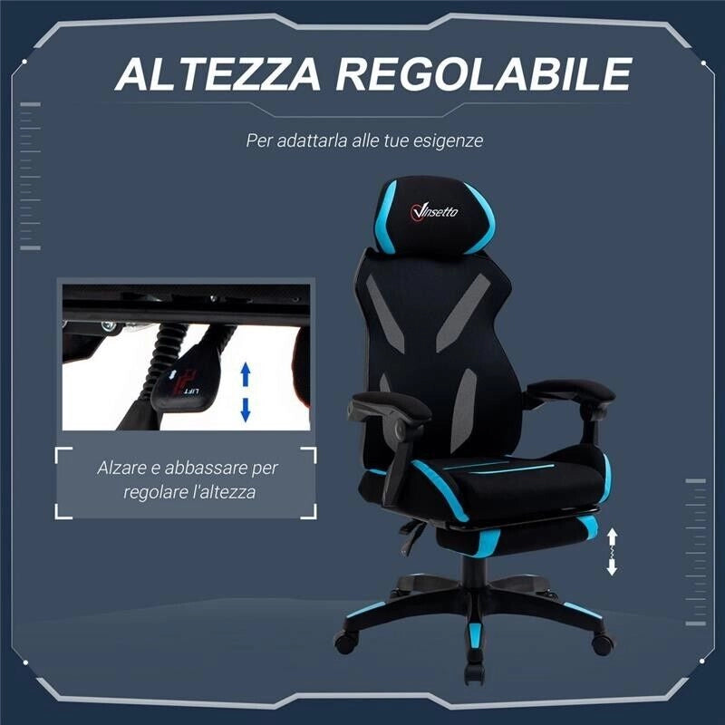 POLTRONA DA GAMING GIREVOLE 70.5 X 70 X 113-121CM TESSUTO NERO E AZZURRO