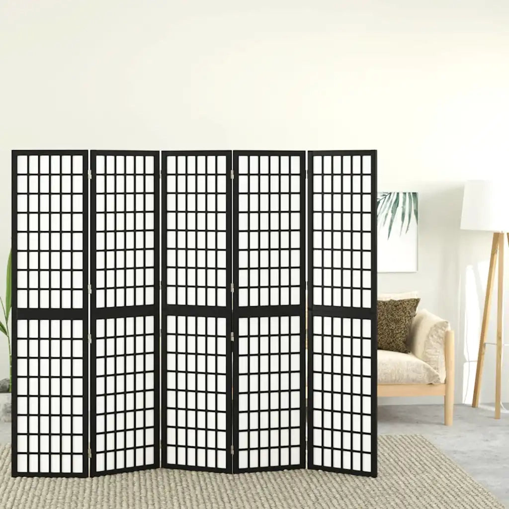 Divisorio Pieghevole 5 Pannelli Stile Giapponese 200x170cm Nero 352081
