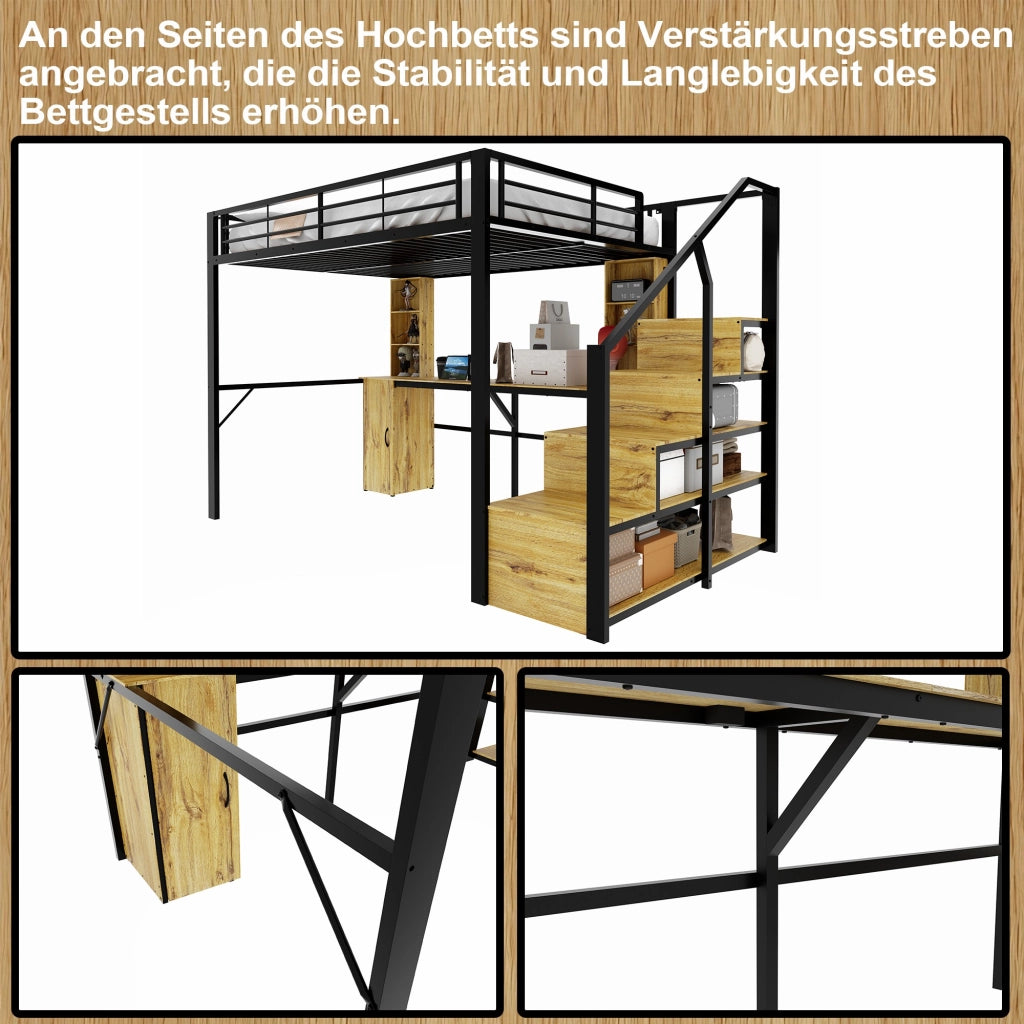 Letto a soppalco 140 × 200 cm con scrivania, armadio, ripiani e USB, senza materasso, in metallo e MDF, nero