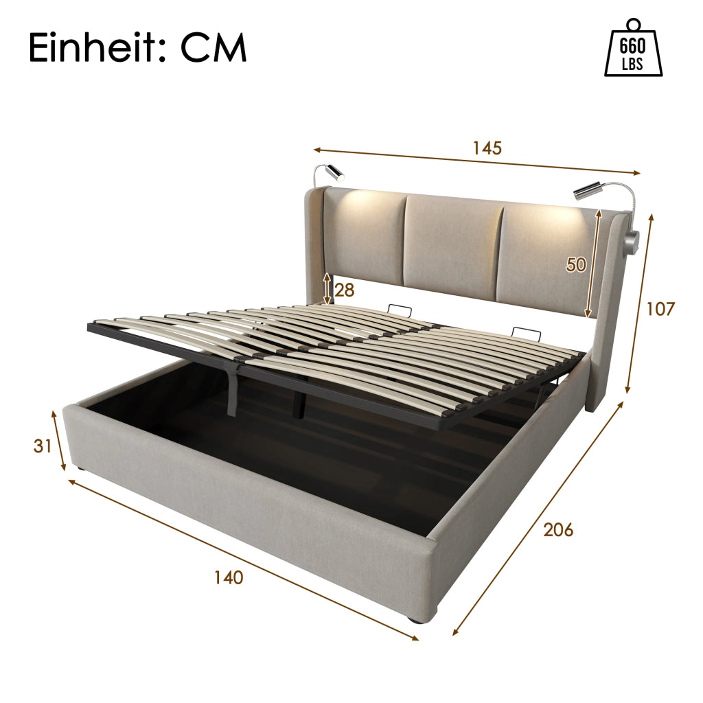 Letto Contenitore 140 x 200 cm; Letto Matrimoniale con USB; Luce da Lettura e Vano; senza Materasso
