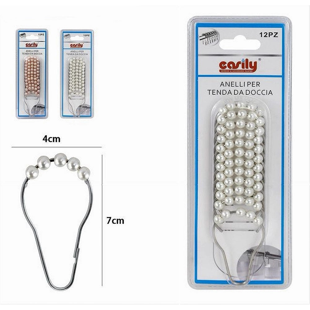 Trade Shop - Set 12 Pz Anelli Gancio Tenda Doccia Metallo Con Perline Bagno Box Doccia 59778 -