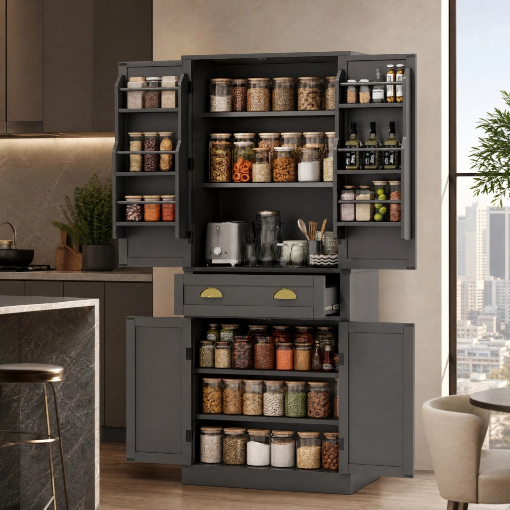 ARMADIO DISPENSA 80x40x182 cm, 4 ante, 1 cassetto, MDF nero
