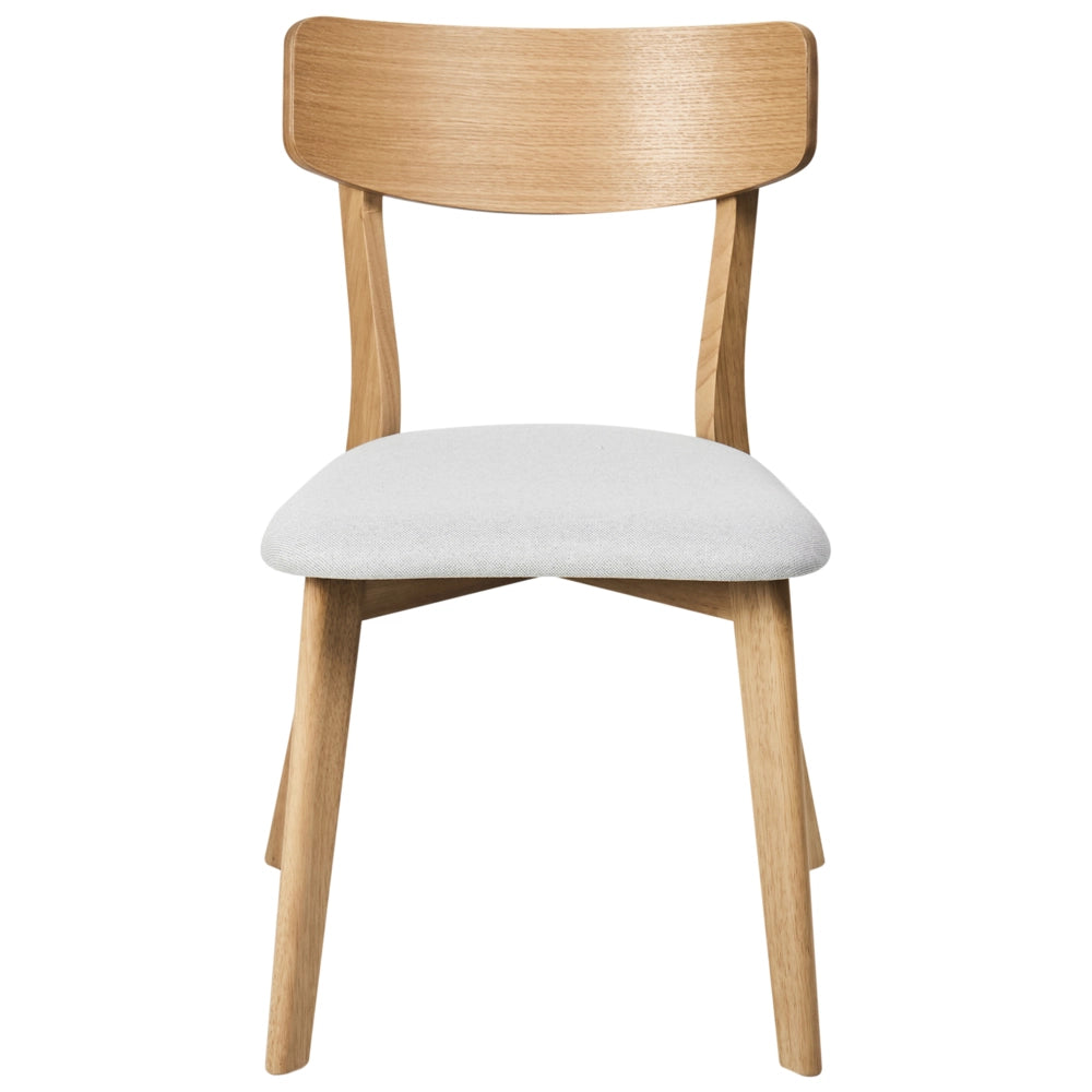 Set di 2 sedie da pranzo con seduta in tessuto grigio chiaro e struttura in legno massiccio chiaro retrò senza braccioli