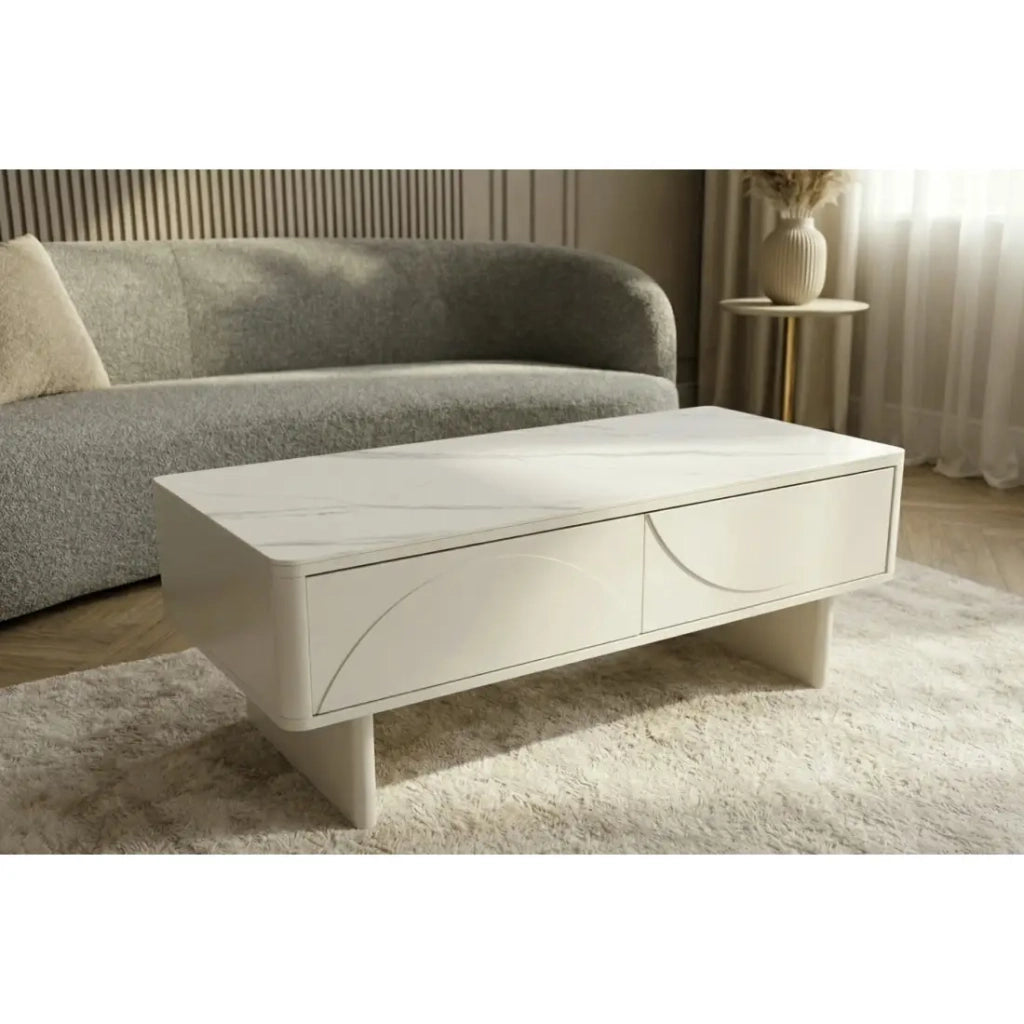 Tavolino chic MIYA 120 cm – Piano in ceramica effetto marmo bianco e 2 cassetti