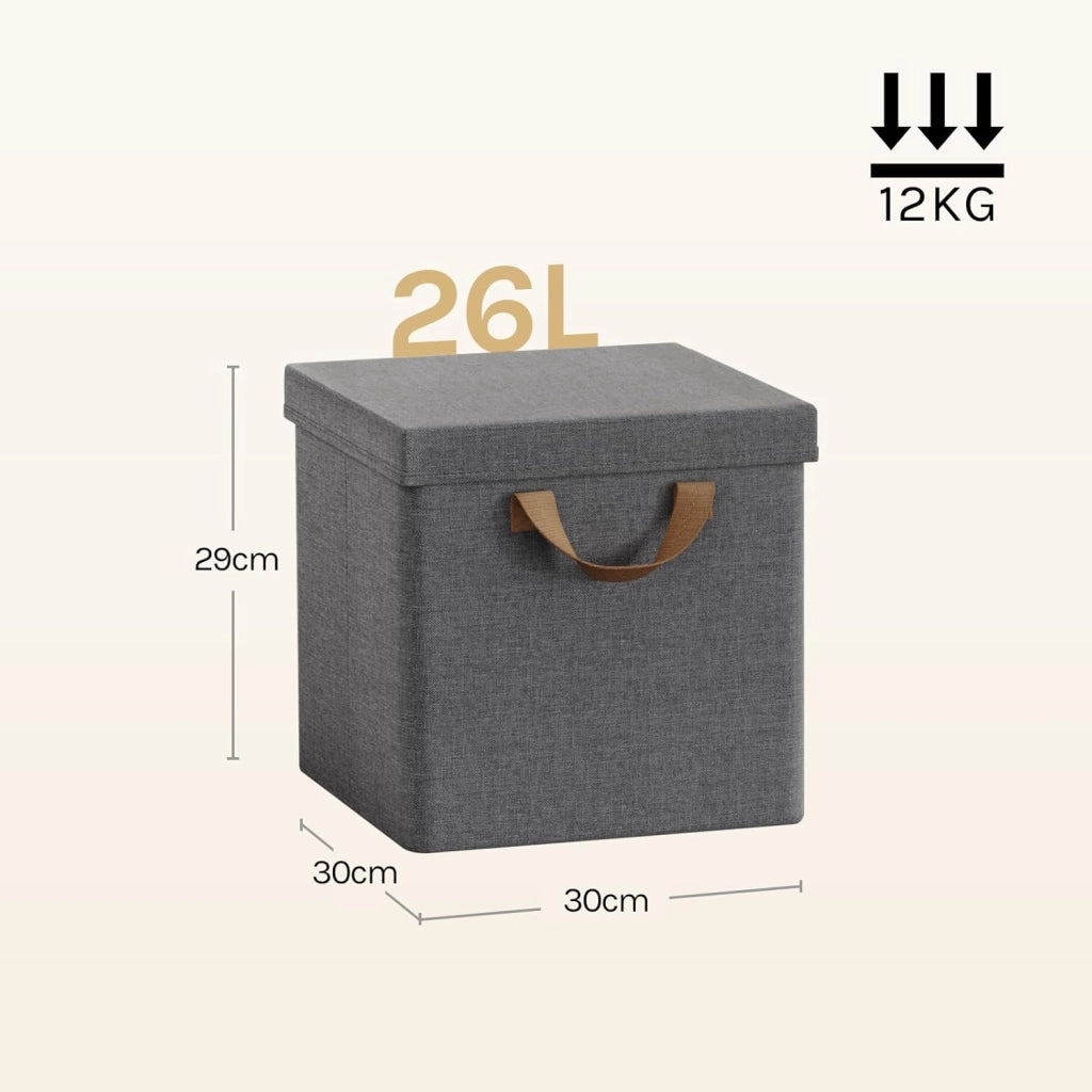 Scatole Contenitori Pieghevoli Set di 5, Cubi in Tessuto con Coperchio, Manico e Struttura in Metallo, Organizer per Scaffale e Armadio, Grigio, 30x30x29cm