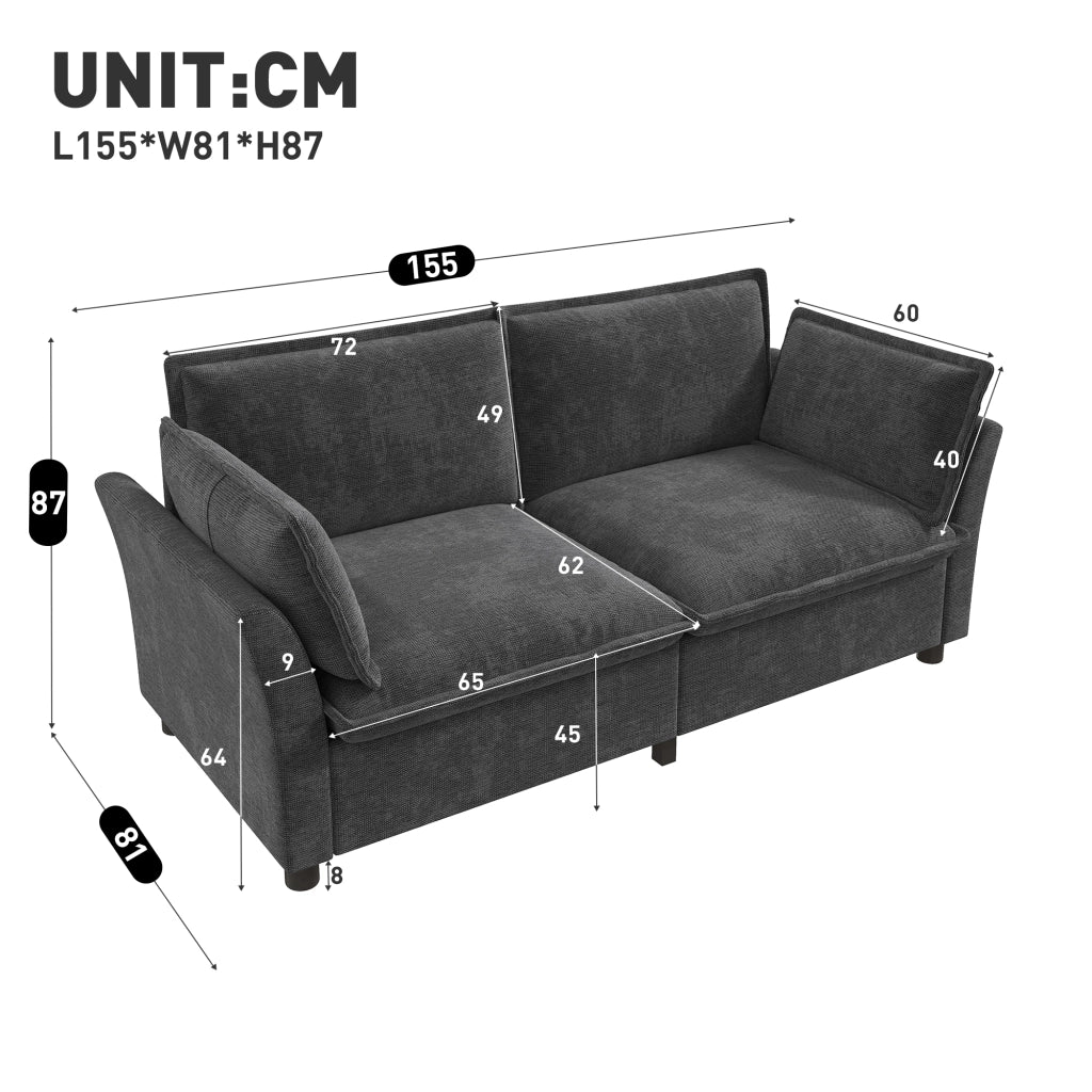 Divano a 2 posti modulare con seduta confortevole e braccioli con cuscini in chenille grigio 155 × 81 × 87 cm