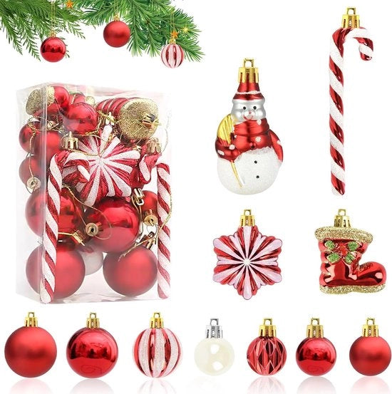 Set di palline di Natale 34 pezzi Rosso Bianco Decorazione di Natale per albero di Natale - Palline di Natale in plastica in diverse dimensioni
