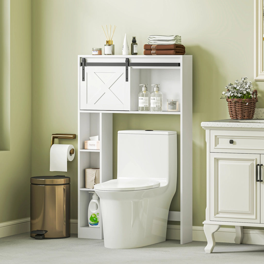 Mobiletto sospeso per WC con porta scorrevole e ripiani regolabili ¨C Zephmum ¨C Bianco 60x30x30