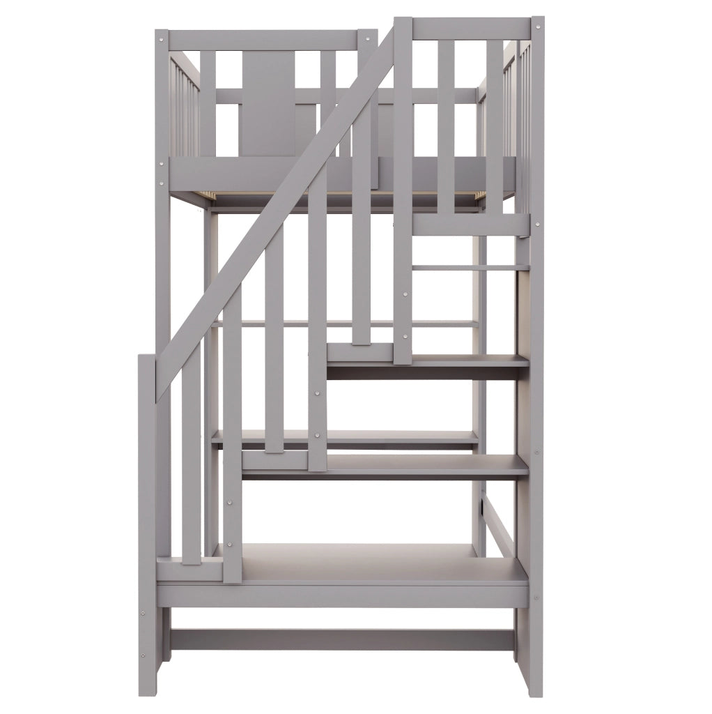 Letto a soppalco 90x200 cm grigio con scala contenitore e 3 vani