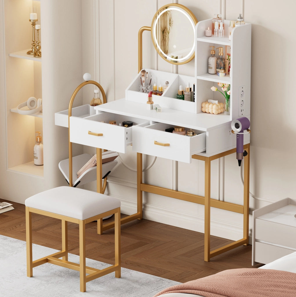 Toeletta moderna con specchio HD, LED regolabile, prese integrate e sgabello