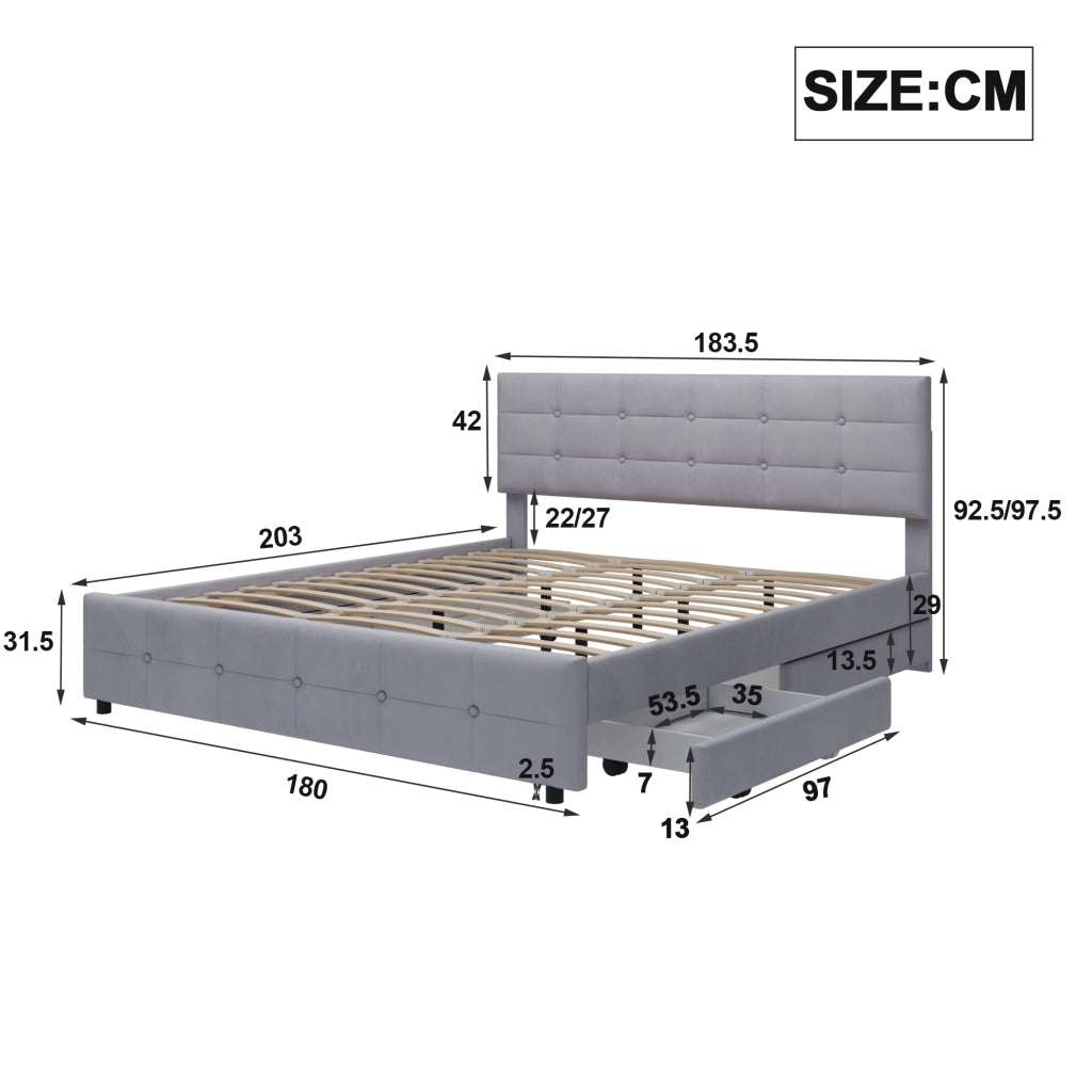 Letto Imbottito Matrimoniale con Cassetti ¨C MINIMAL ¨C Velluto Grigio 180x200
