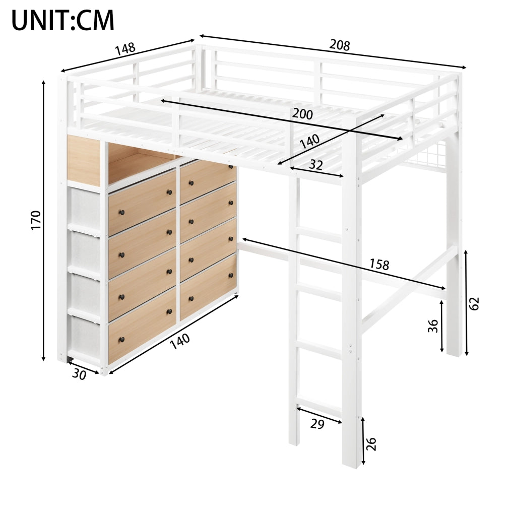 LETTO a soppalco 140x200 cm in metallo e MDF bianco con 8 cassetti e LED