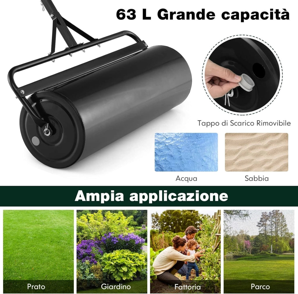 Rullo per Prato in Metallo, Rullo da Giardino Riempibile con 30 Litri di Acqua/Sabbia, con Gancio e Impugnatura Staccabile per Giardino, Prato, Parco e Fattoria (Nero)