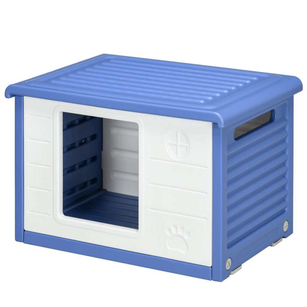 Cuccia per Cani Taglia Piccola da Esterno in PE con Ingresso e 2 Prese d'Aria Laterali, 60x42x40 cm, Blu e Bianco