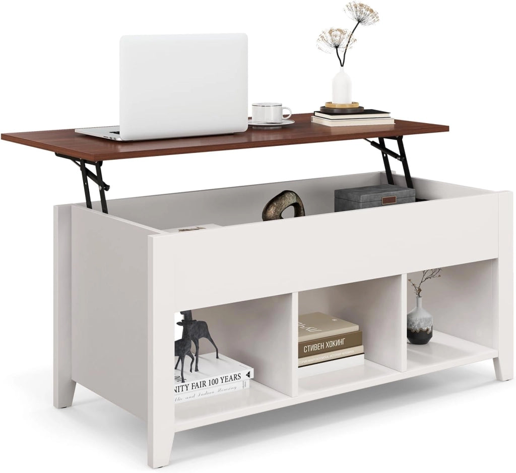 Tavolino da Caffè di Legno con Superficie Sollevabile, Tavolino Rettangolare da Divano con 3 Mensole Aperte, Mobile Multifunzionale per Salone e Ufficio, 104,5 x 49 x 62,5 cm (Bianco)