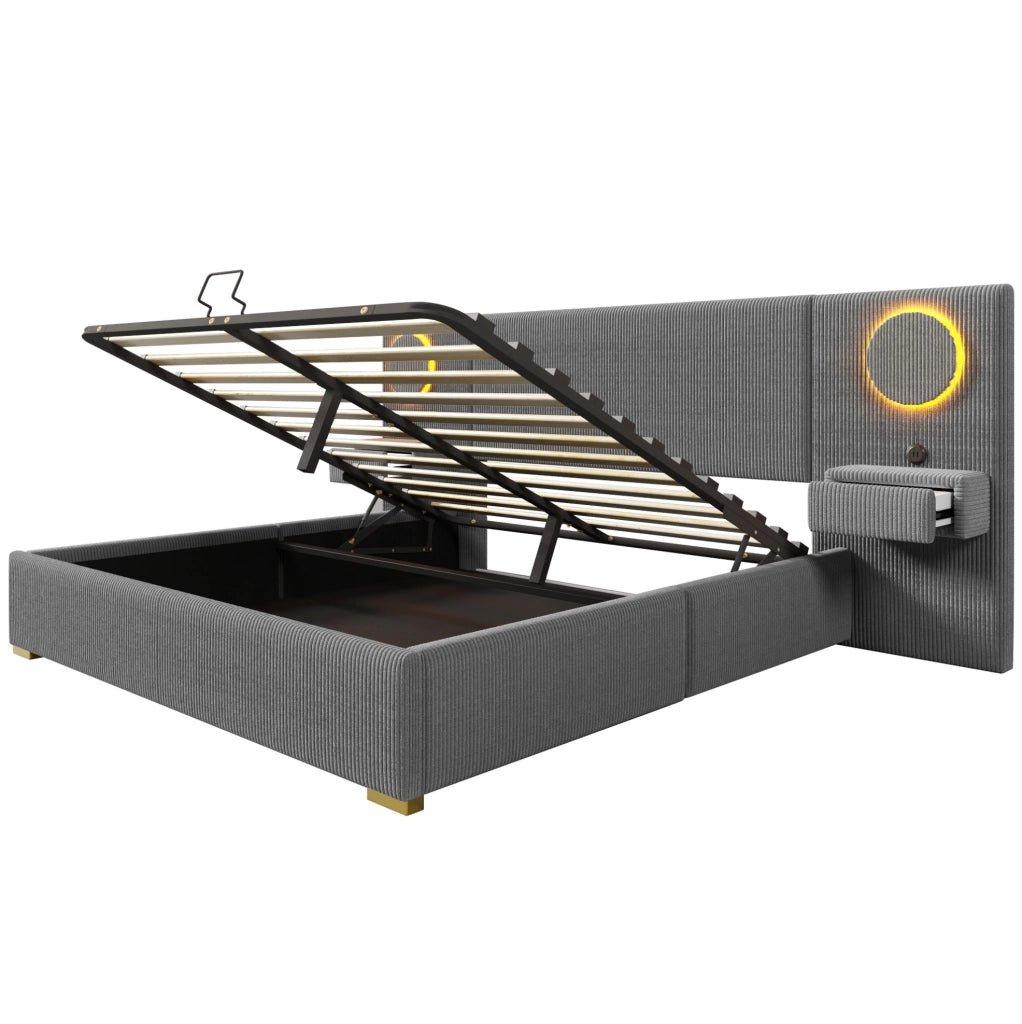 Letto imbottito 180 x 200 cm in velluto grigio con LED, USB e vano contenitore