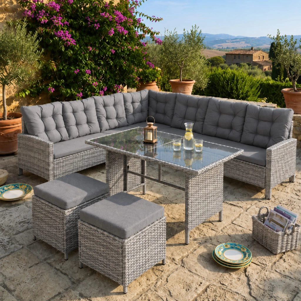 Set Da Giardino Angolare In Polyrattan Con Tavolino Doppio Piano Vetrato Due Pouf E Cuscini Morbidi Salotto Per Terrazza Veranda Balcone Zona Piscina Grigio