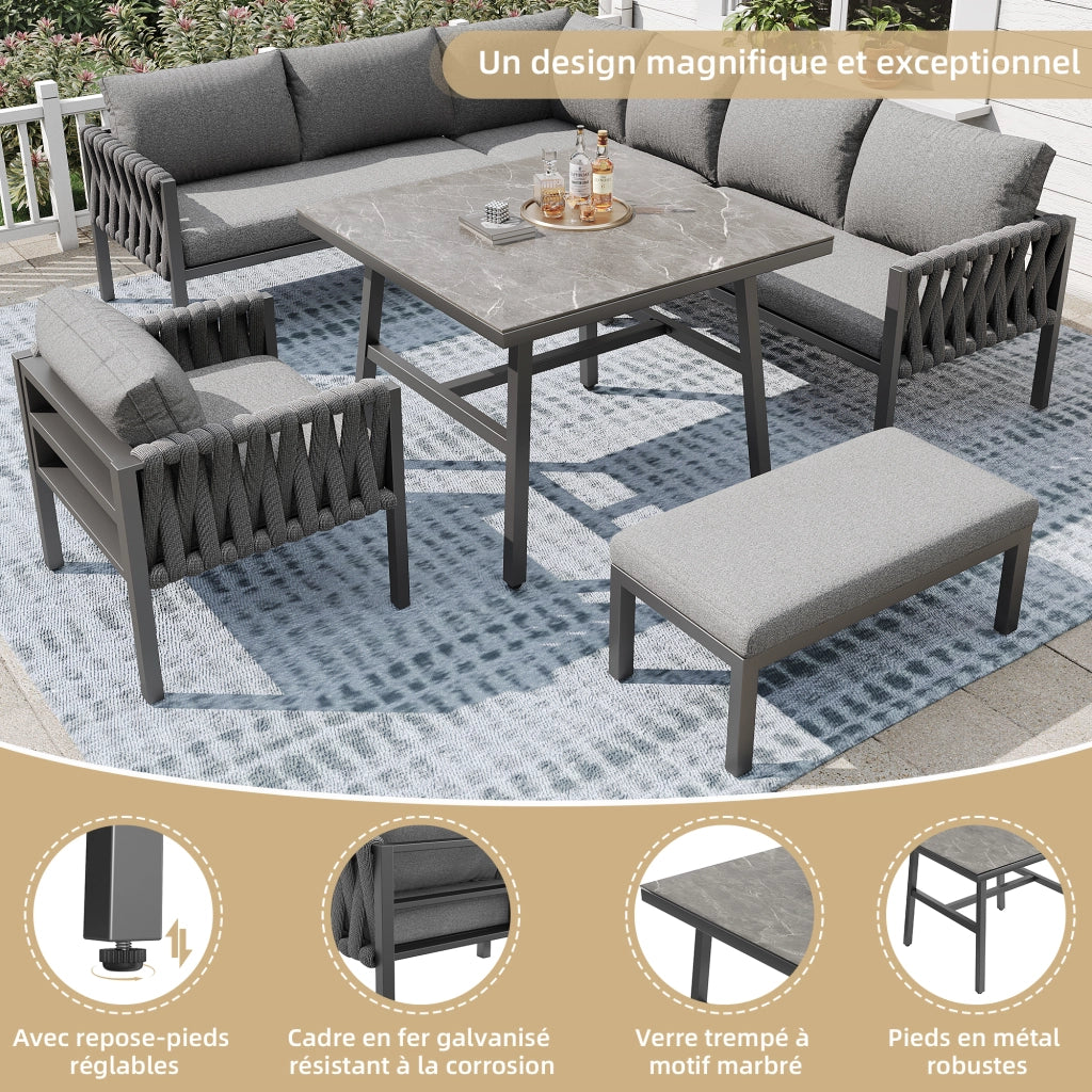 Salotto da Giardino con 2 Divani; 1 Poltrona; 1 Panca e 1 Tavolo; Schienale Alto; Cuscini; per Terrazza; Metallo e Poliestere; Grigio