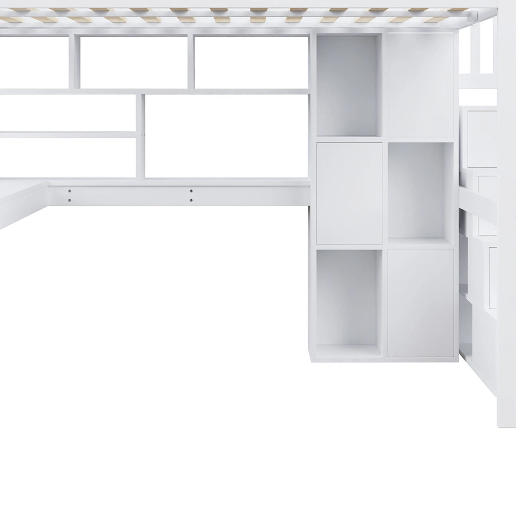 DESMIU Letto a Soppalco Singolo con LED, Scala Contenitore e Scrivania 140 × 200 cm, Senza Materasso, Bianco