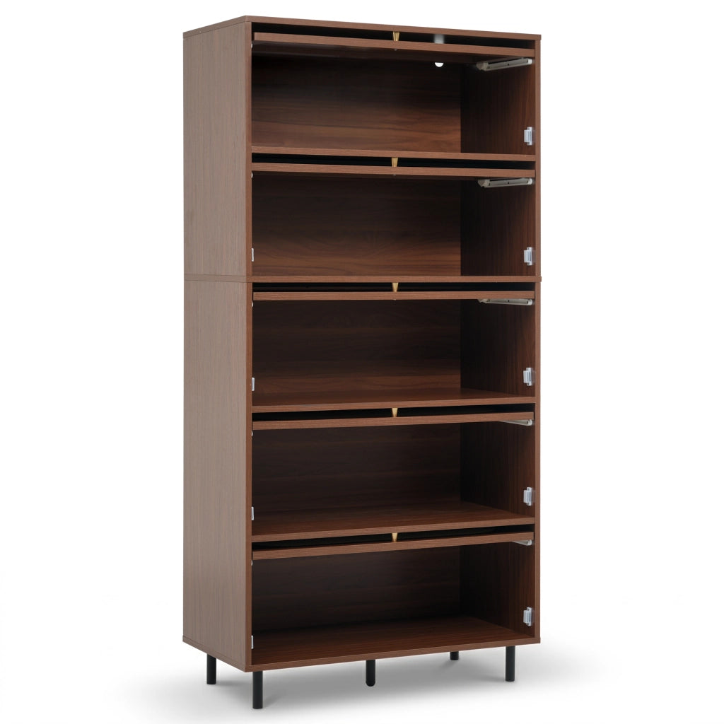 Credenza alta in noce con rattan, 5 ante ribaltabili e vani contenitore, per soggiorno e cucina, 80 × 40 × 163 cm