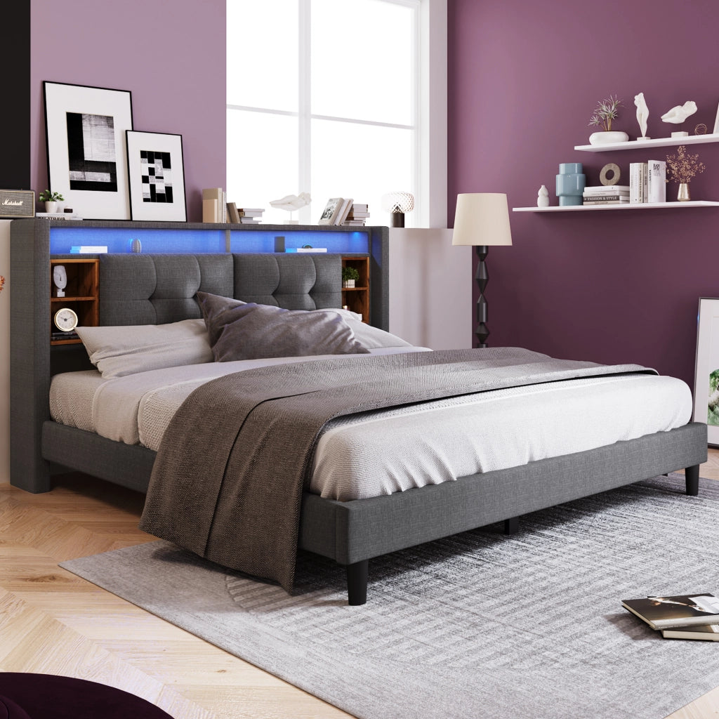 Letto Matrimoniale 140 x 200 cm con Contenitore; USB; Prese e LED; Testiera con Vani; senza Materasso