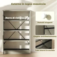 Cassettiera 4 Cassetti Pieghevoli con Maniglie Doppie, in Legno, Acciaio e Tessuto, 58x30x91 cm, Bianco e Grigio