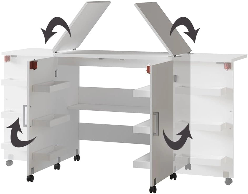 Il tavolo per il cucito Carmen, Bianco, 118 x 77.5 cm con 3 ripiani, pieghevole con ruote per un utilizzo flessibile come tavolo da lavoro