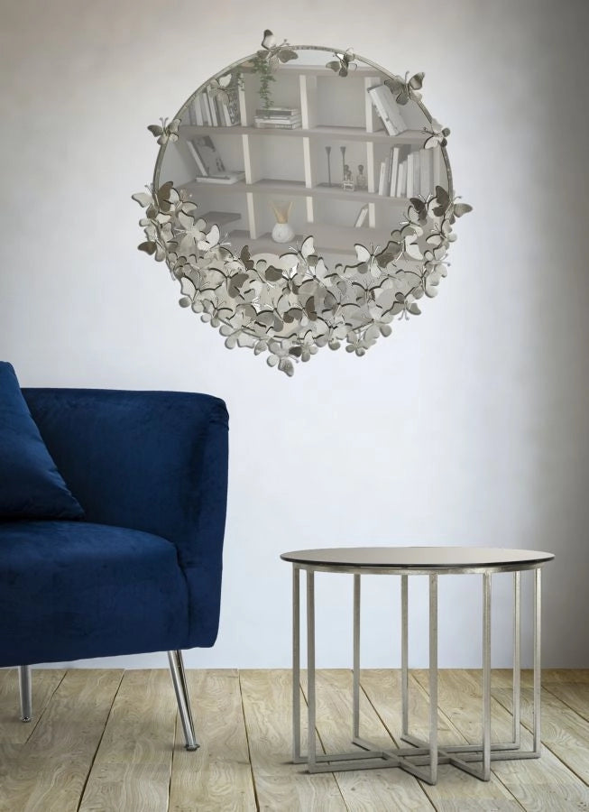 Specchio Farfalle Round Argento Ø91x3x94 cm in Ferro Argento