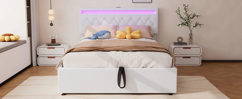 DESMIU Letto contenitore 140 × 200 cm 2 posti con LED regolabile, USB e Type-C, senza materasso, in lino, bianco