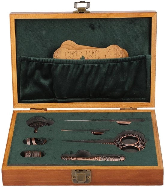 Set di forbici da cucire 10 pezzi - Acciaio inossidabile - Kit di ferramenta per cucire - Forbici/Taglierino - Piastra di legno per avvolgere - Stile retro elegante