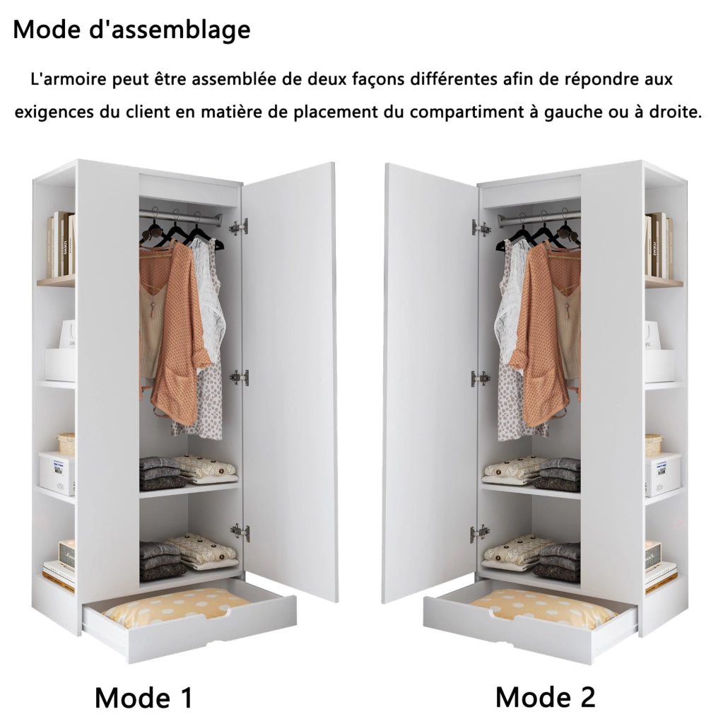 Armadio ULEVR 70x40x170 cm a un'anta con ripiani regolabili e cassetti, bianco