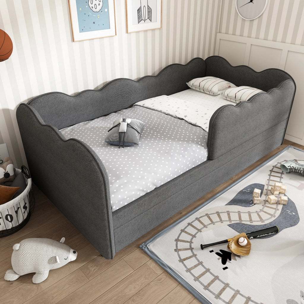 Letto daybed estraibile 90x190 cm in lino grigio; con rete a doghe e struttura L