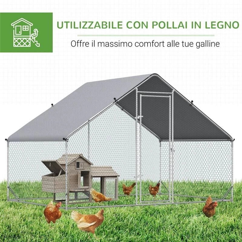 POLLAIO DA GIARDINO CON TELAIO ZINCATO, COPERTURA IMPERMEABILE E RETE ESAGONALE, 3X2X2M, ARGENTO