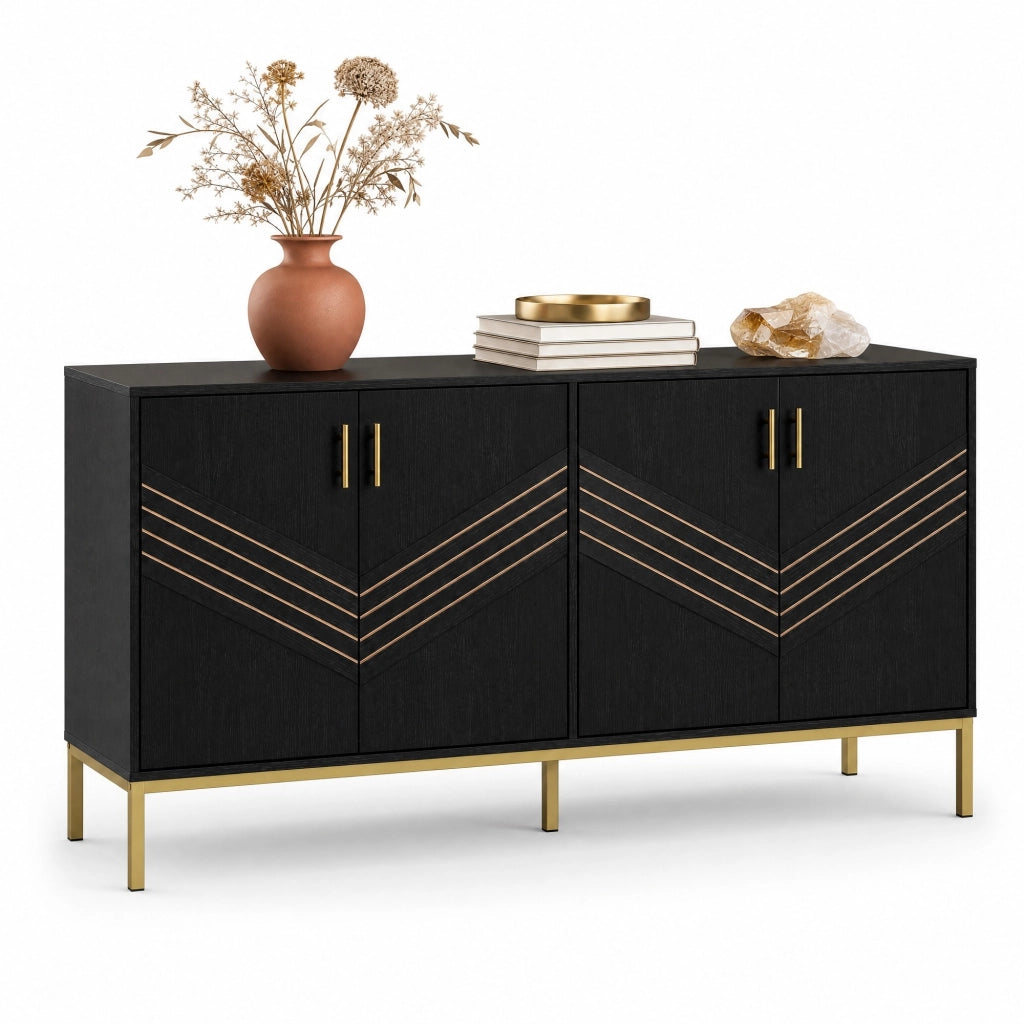 Sideboard a 4 ante 160x40x80;5 cm in MDF nero con dettagli effetto legno