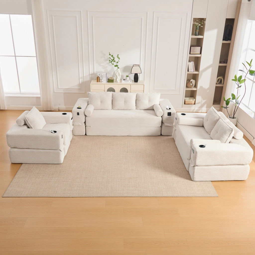 Divano letto modulare con tasche portabicchieri braccioli rimovibili e cuscini in memory in velluto a coste beige