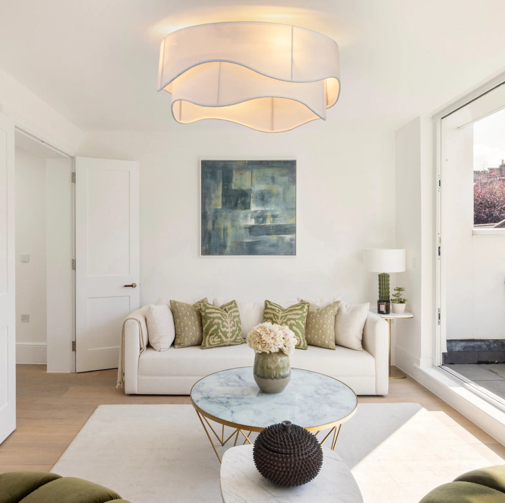 Ventilatore da soffitto con luce in tessuto; controllo Bluetooth e telecomando; oro e bianco
