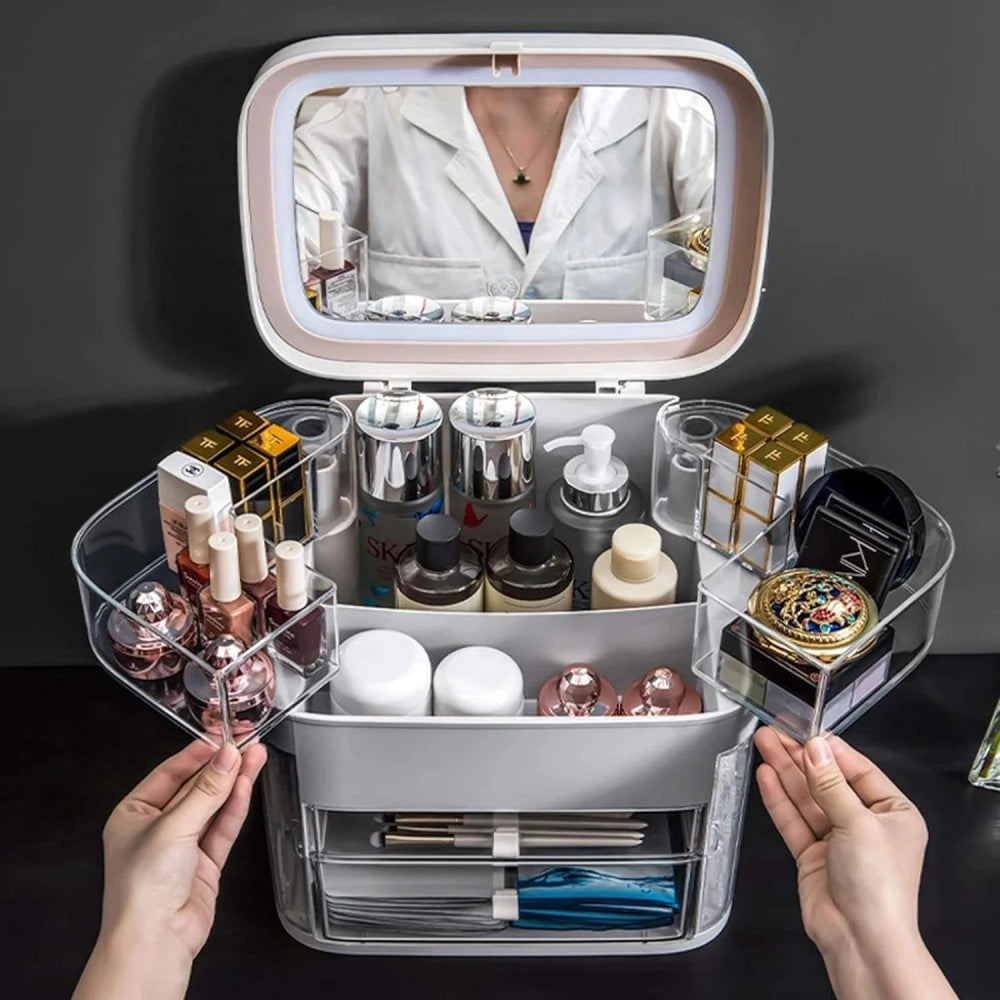 Trade Shop - Organizer Beauty Case Porta Trucco Accessori Gioielli Con Specchio Led Cassetti -